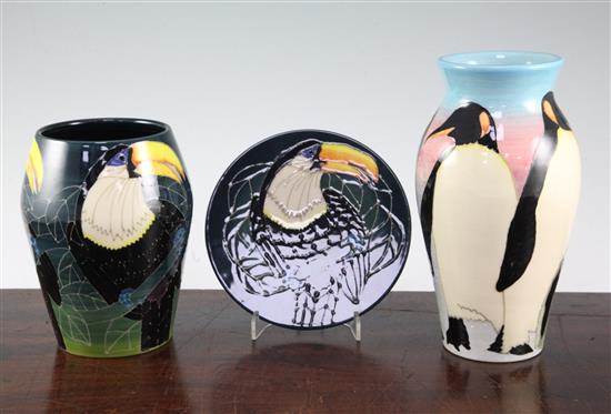 Sally Tuffin for Dennis Chinaworks. A penguin vase and a toucan vase and similar dish, penguin vase 21cm